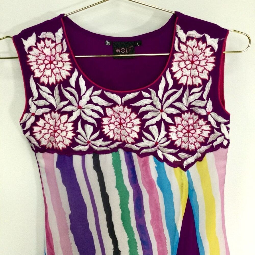 Wolf by Scale Womens Purple Embroidered Floral Striped Sleeveless Top Size X- Sm - Picture 2 of 8